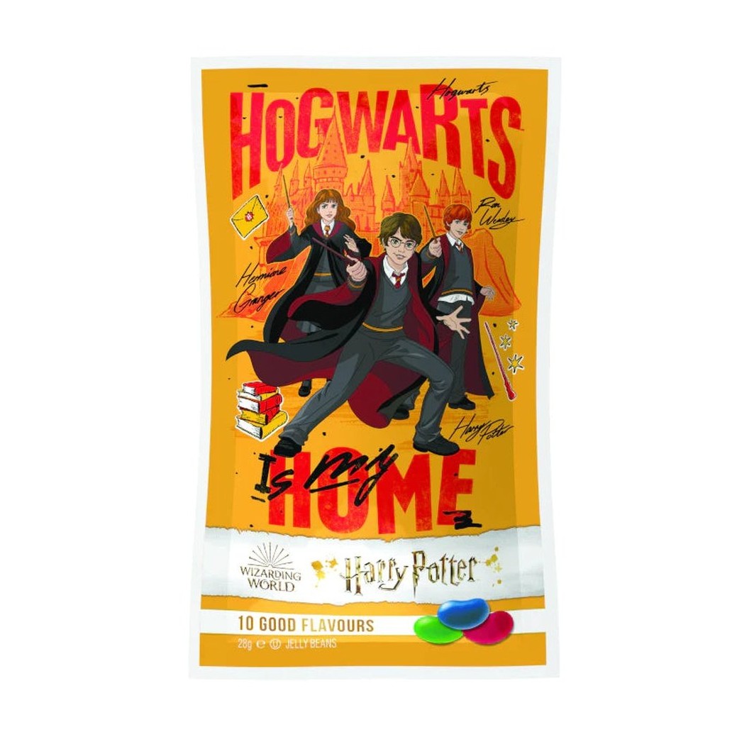 Un emballage orange sur fond blanc avec Hermione, Harry Potter et Ron et leurs baguettes magiques