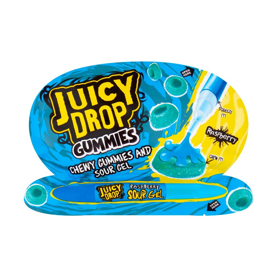 Un emballage bleu et jaune sur fond blanc avec en bas un stylo bleu et au-dessus des petits bonbons avec du jus qui sort du stylo