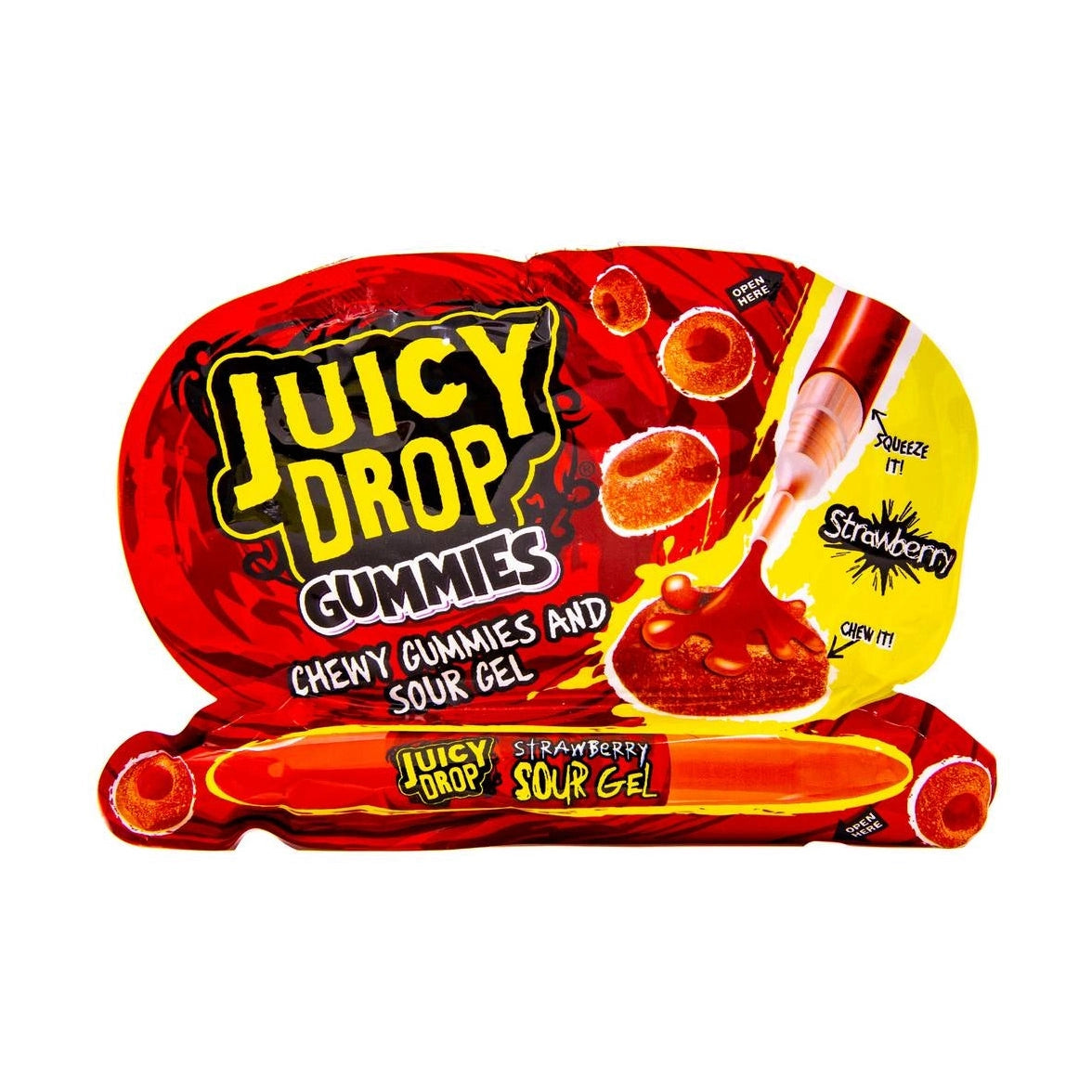 Un emballage rouge et jaune sur fond blanc avec en bas un stylo rouge et au-dessus des petits bonbons avec du jus qui sort du stylo