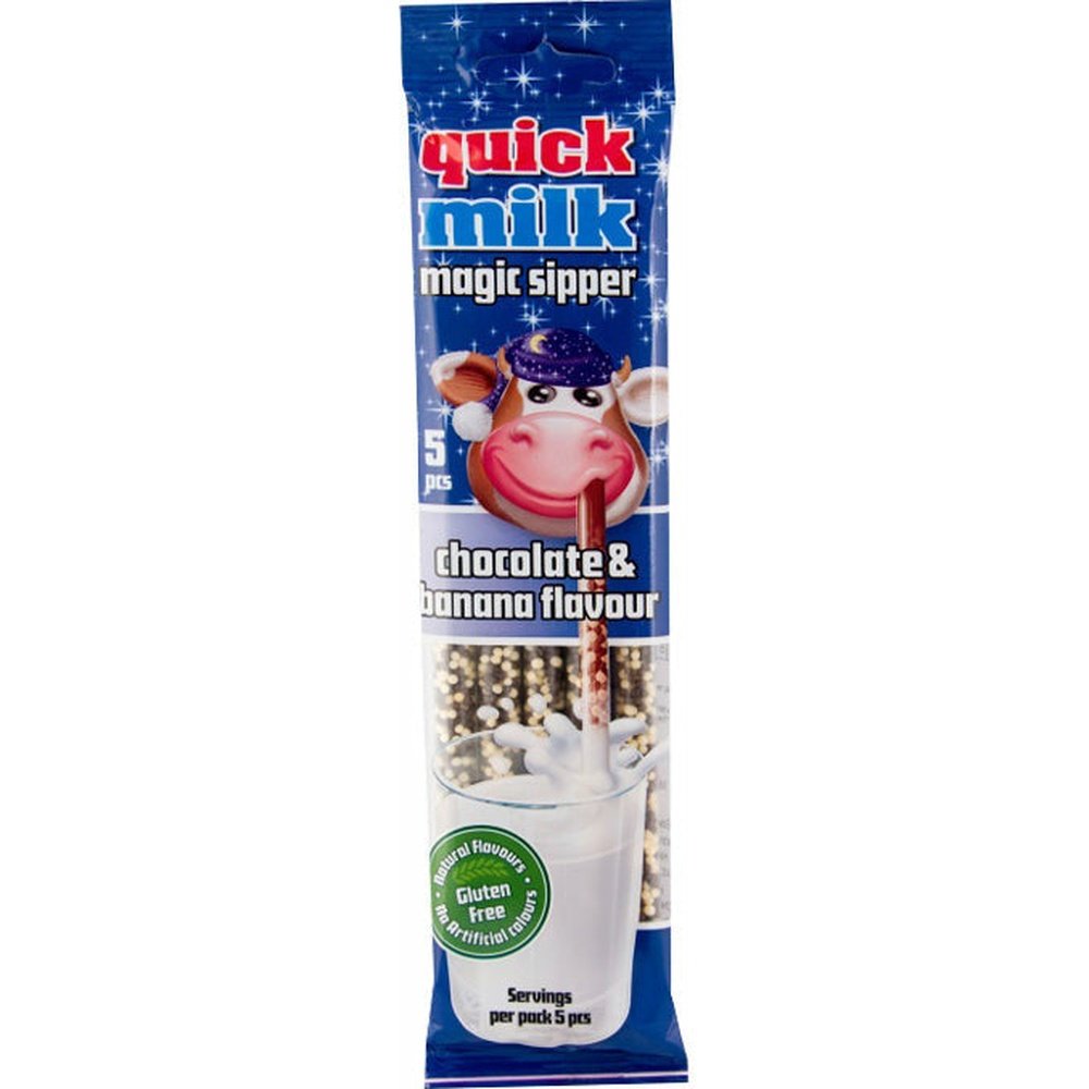 Un emballage rectangulaire bleu avec des étoiles sur fond blanc avec une vache qui une paille dans la bouche. Cette paille à des billes brunes et blanches et est dans un verre de lait