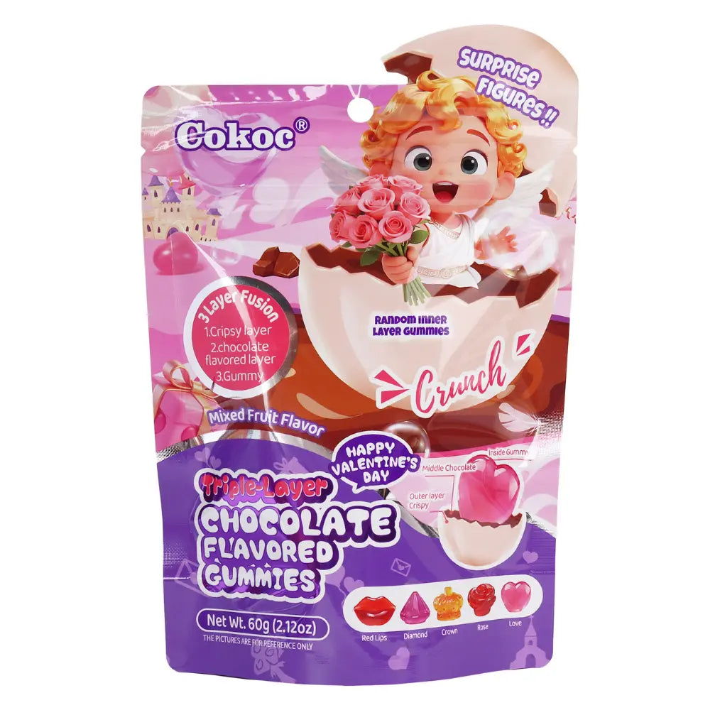 Caramelle gommose Cokoc alla frutta mista, a triplo strato, gusto San Valentino