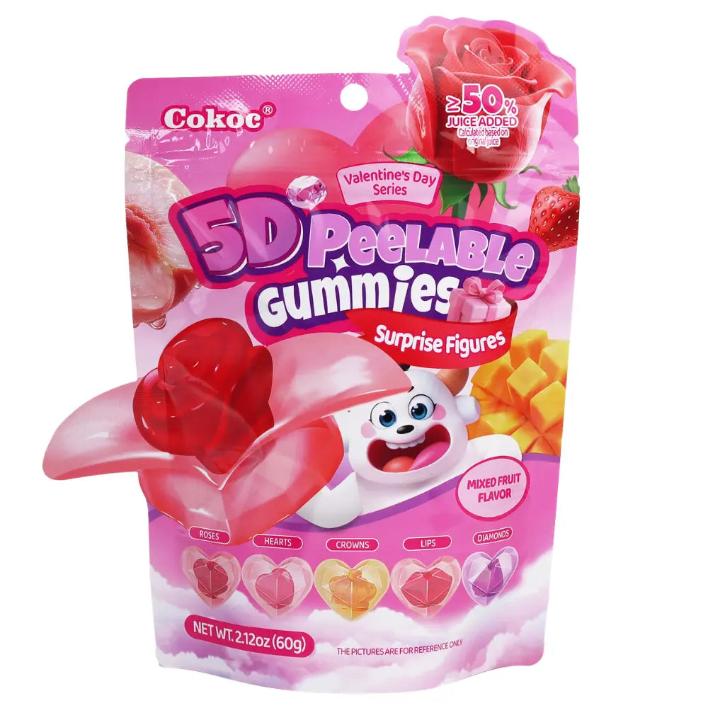 Caramelle gommose Cokoc 5D sbucciabili alla frutta mista, gusto San Valentino