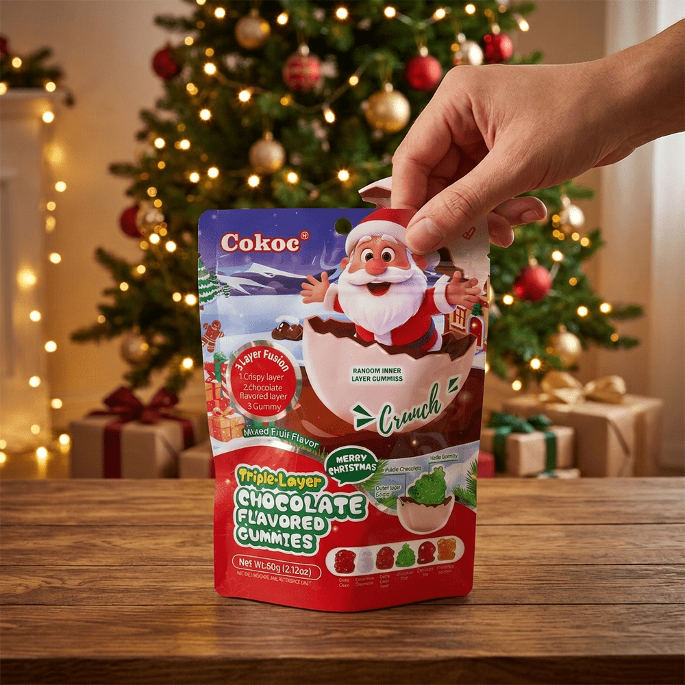 Caramelle gommose Cokoc alla frutta mista, a triplo strato, gusto Natale