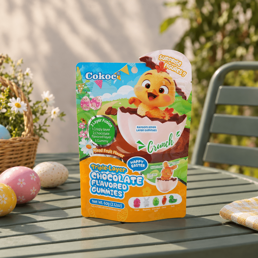 Caramelle gommose Cokoc alla frutta mista, a triplo strato, gusto Pasqua