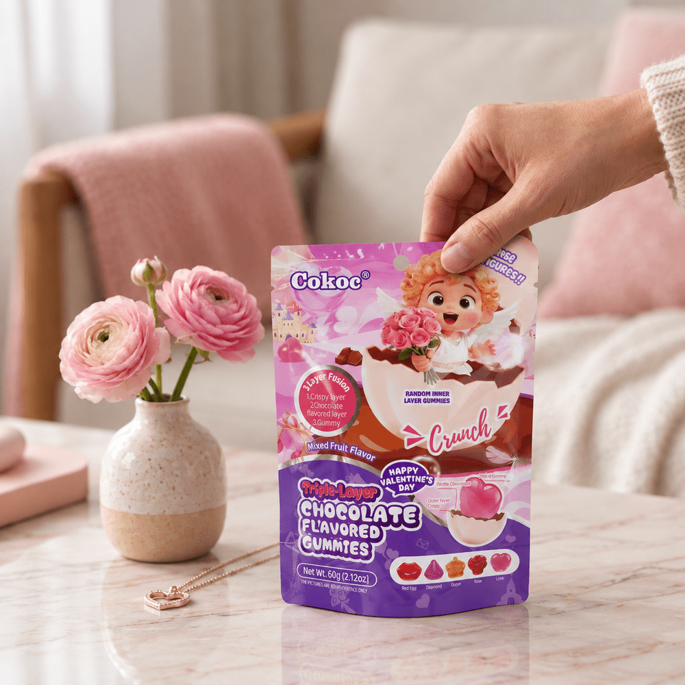 Caramelle gommose Cokoc alla frutta mista, a triplo strato, gusto San Valentino