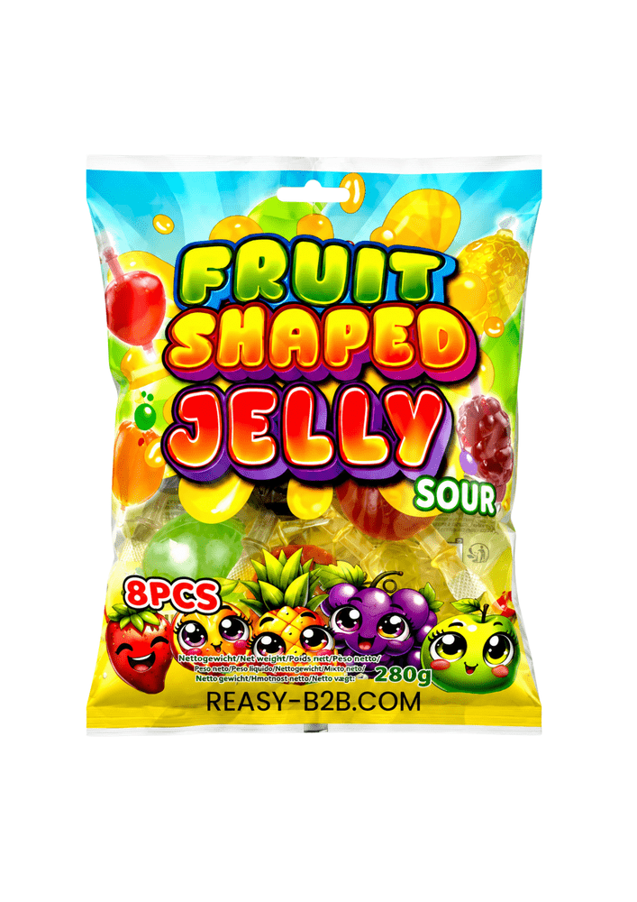 Fruit Shaped Jelly Sour Bag, bonbons gélatineux acidulés en forme de fruits avec sirop liquide intérieur, mix fraise orange ananas raisin pomme