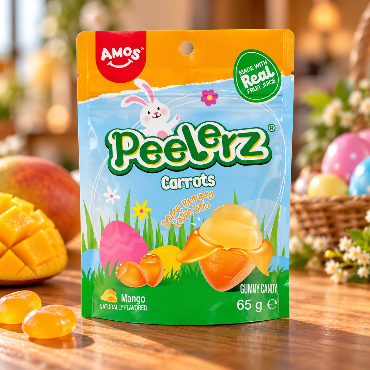 Sachet de bonbons Amos Peelerz Carrots Mango 65 g au goût mangue, accompagné de bonbons orange dans un décor de Pâques.