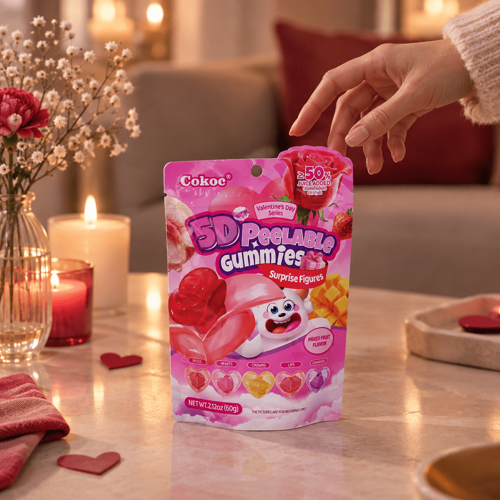 Caramelle gommose Cokoc 5D sbucciabili alla frutta mista, gusto San Valentino