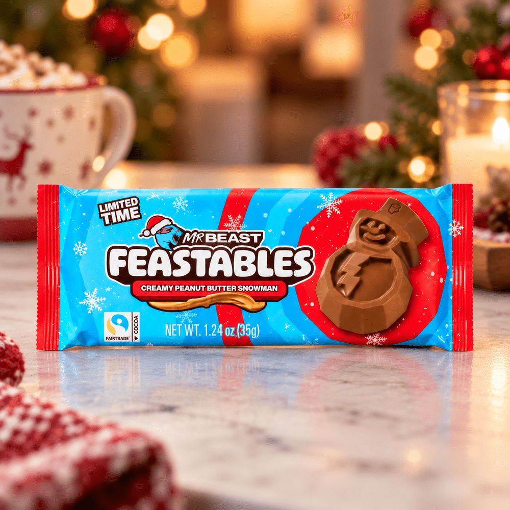Tazza di cioccolato al latte cremoso al burro di arachidi Snowman Feastables di Mr Beast