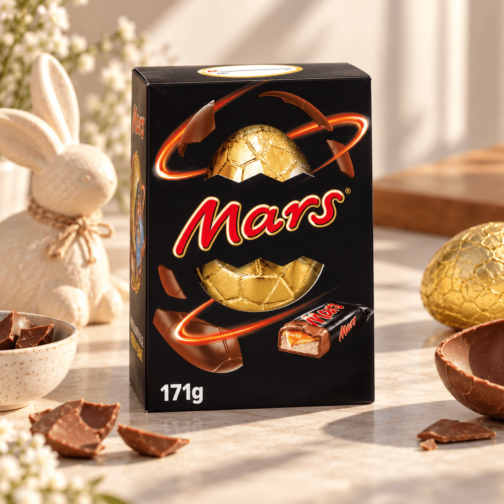 Coffret Mars Milk Chocolate Large Egg de 171 g, œuf de Pâques en chocolat au lait présenté dans un décor printanier.