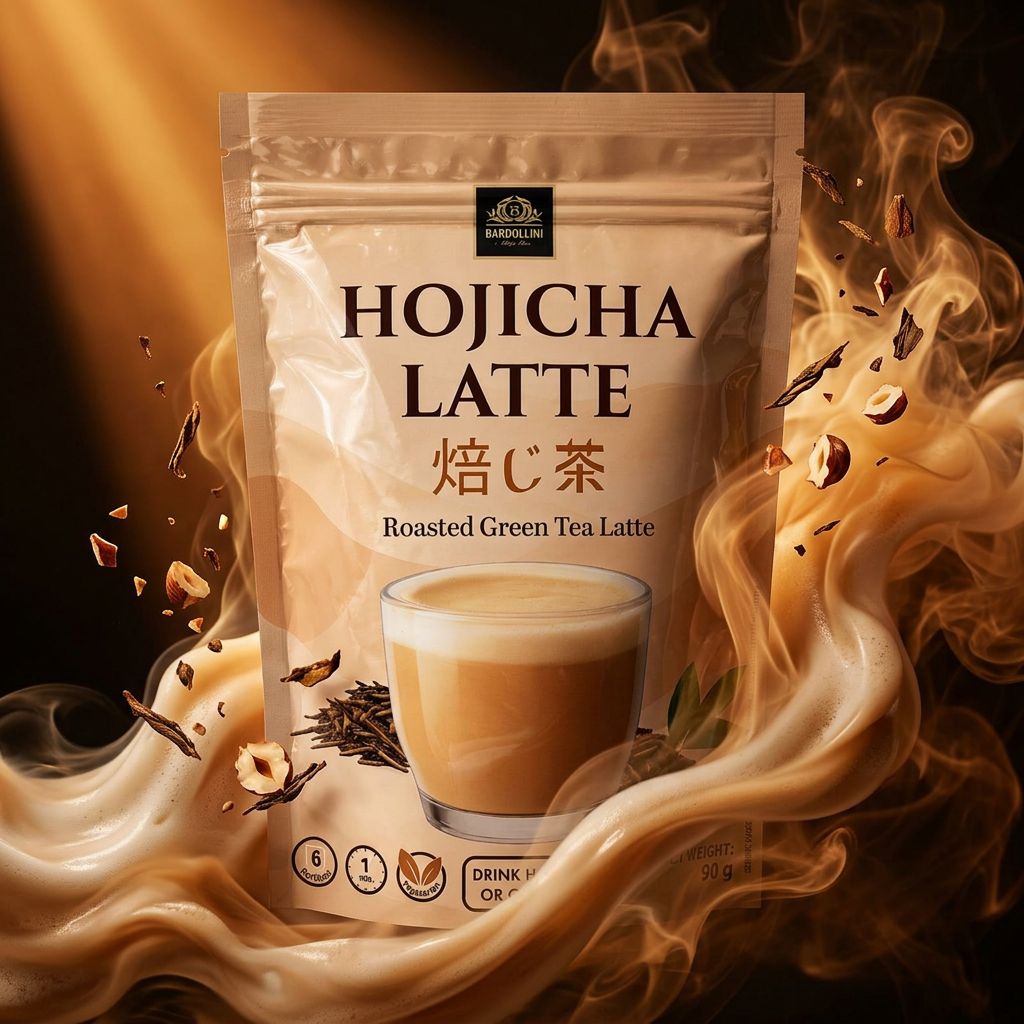 Bardollini Hojicha Latte en poudre, saveur thé torréfié japonais, format instantané, disponible sur My American Shop