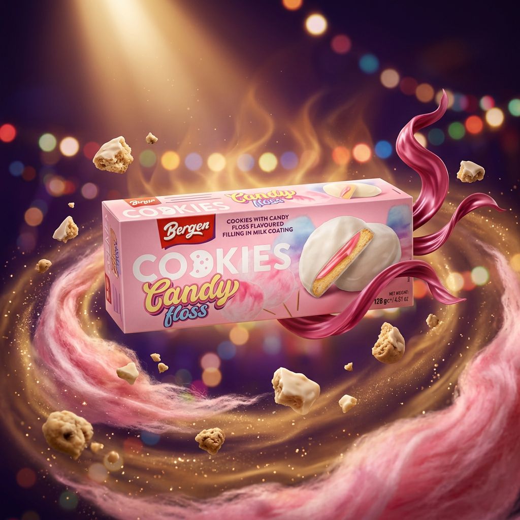 Bergen Candy Floss Cookies saveur barbe à papa, biscuits moelleux fourrés crème rosée, disponible sur My American Shop