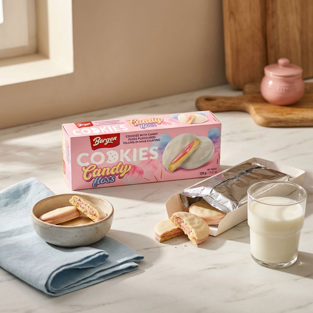 Bergen Candy Floss Cookies saveur barbe à papa, biscuits moelleux fourrés crème rosée, disponible sur My American Shop