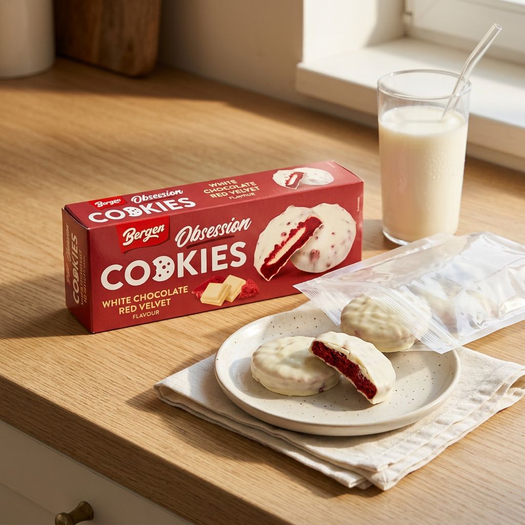 Bergen Obsession Cookies Red Velvet, biscuits fourrés saveur gâteau américain, disponible sur My American Shop