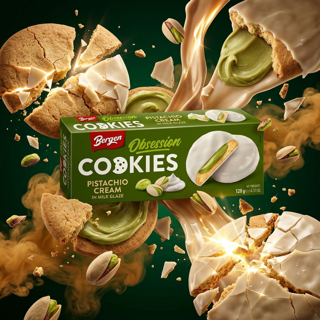 Bergen Pistachio Cream Milk Glaze Cookie, biscuit fourré crème pistache enrobé lait, produit importé disponible sur My American Shop