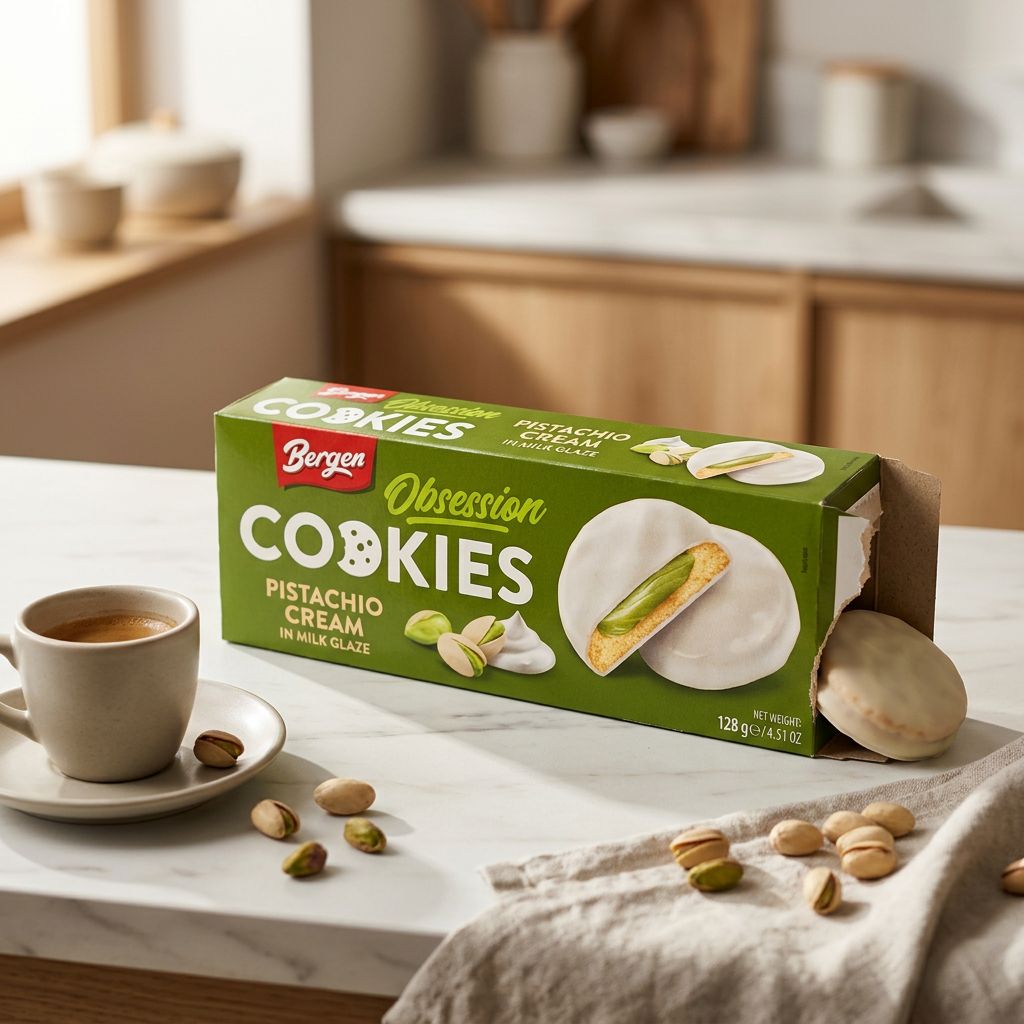 Bergen Biscotto con Glassa al Latte e Crema al Pistacchio