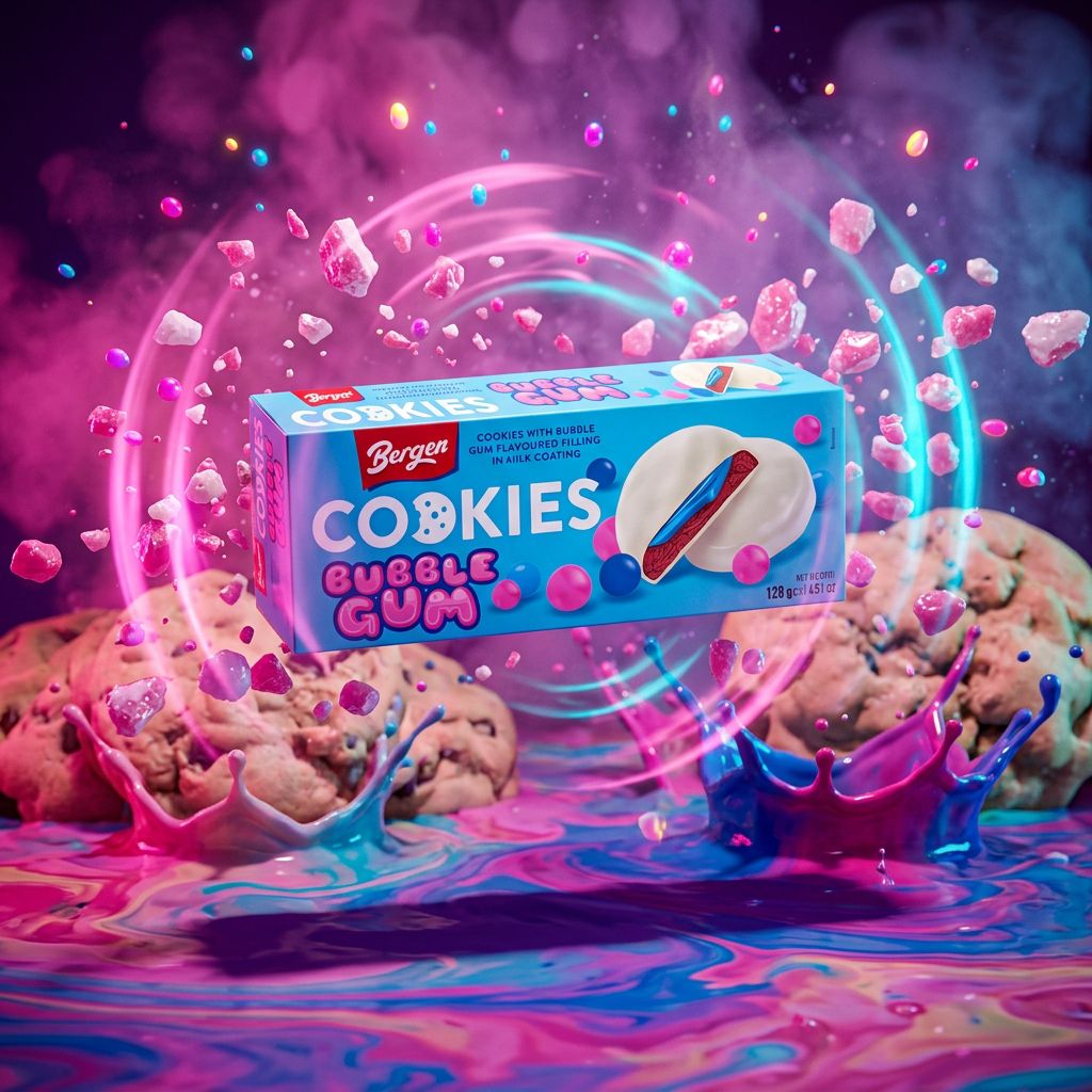 Bergen Bubble Gum Cookies, biscuits saveur bubble gum moelleux et croustillants, snack américain disponible sur My American Shop