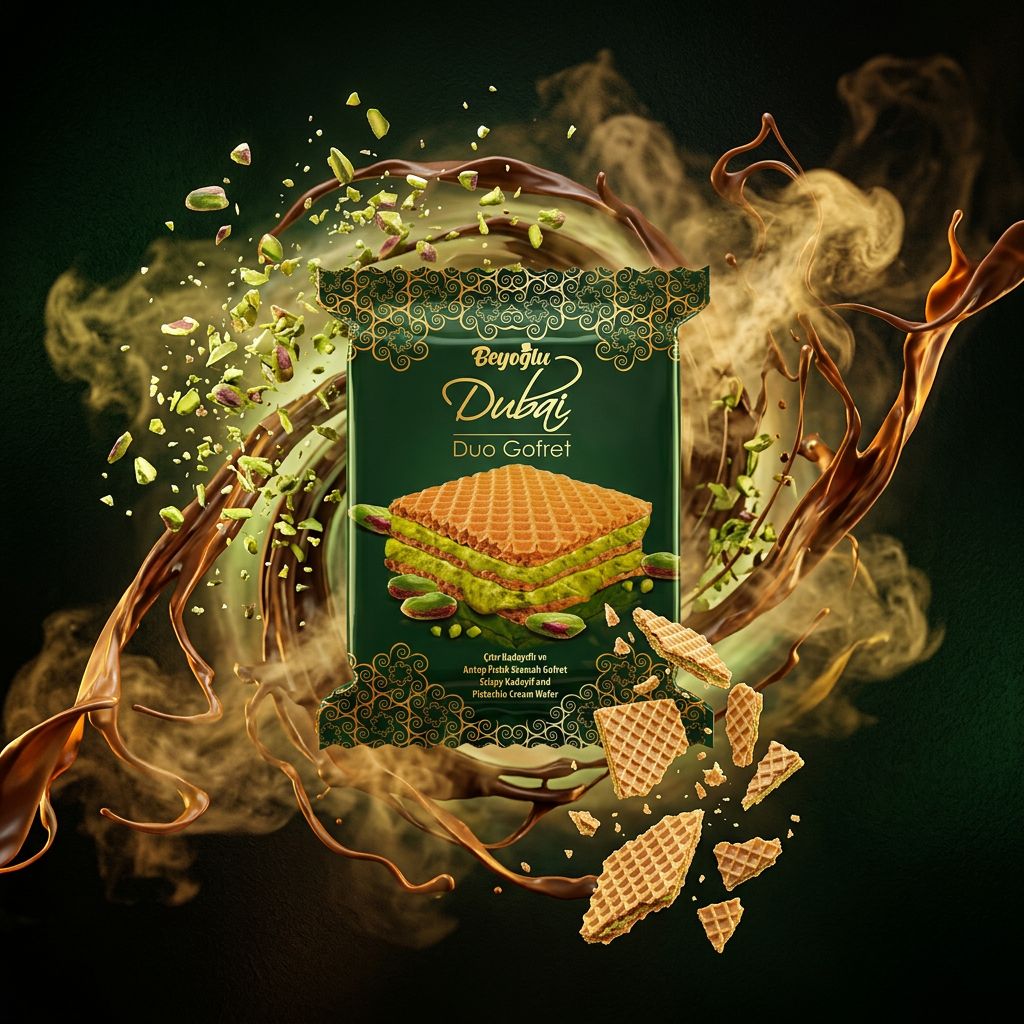 Beyoglu Dubai Duo Wafer pistache, biscuit gaufrette turc duo fourré, tendance Dubai, disponible sur My American Shop