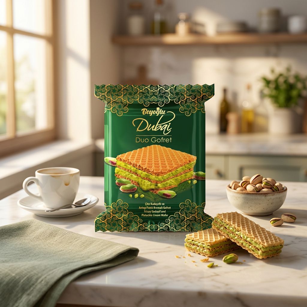 Beyoglu Dubai Duo Wafer pistache, biscuit gaufrette turc duo fourré, tendance Dubai, disponible sur My American Shop