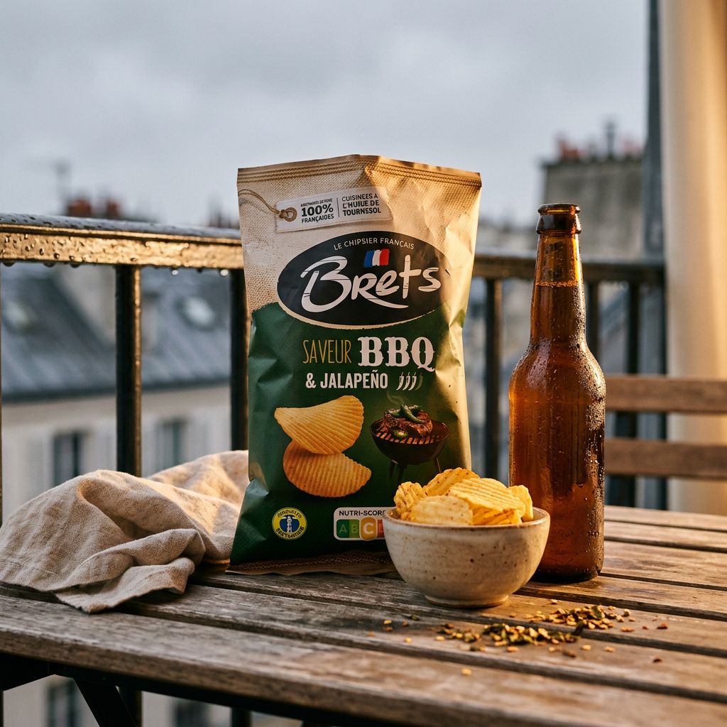 Chips Brets Barbecue Jalapeños ondulées, saveur fumée et pimentée, format paquet, origine France, disponible sur My American Shop