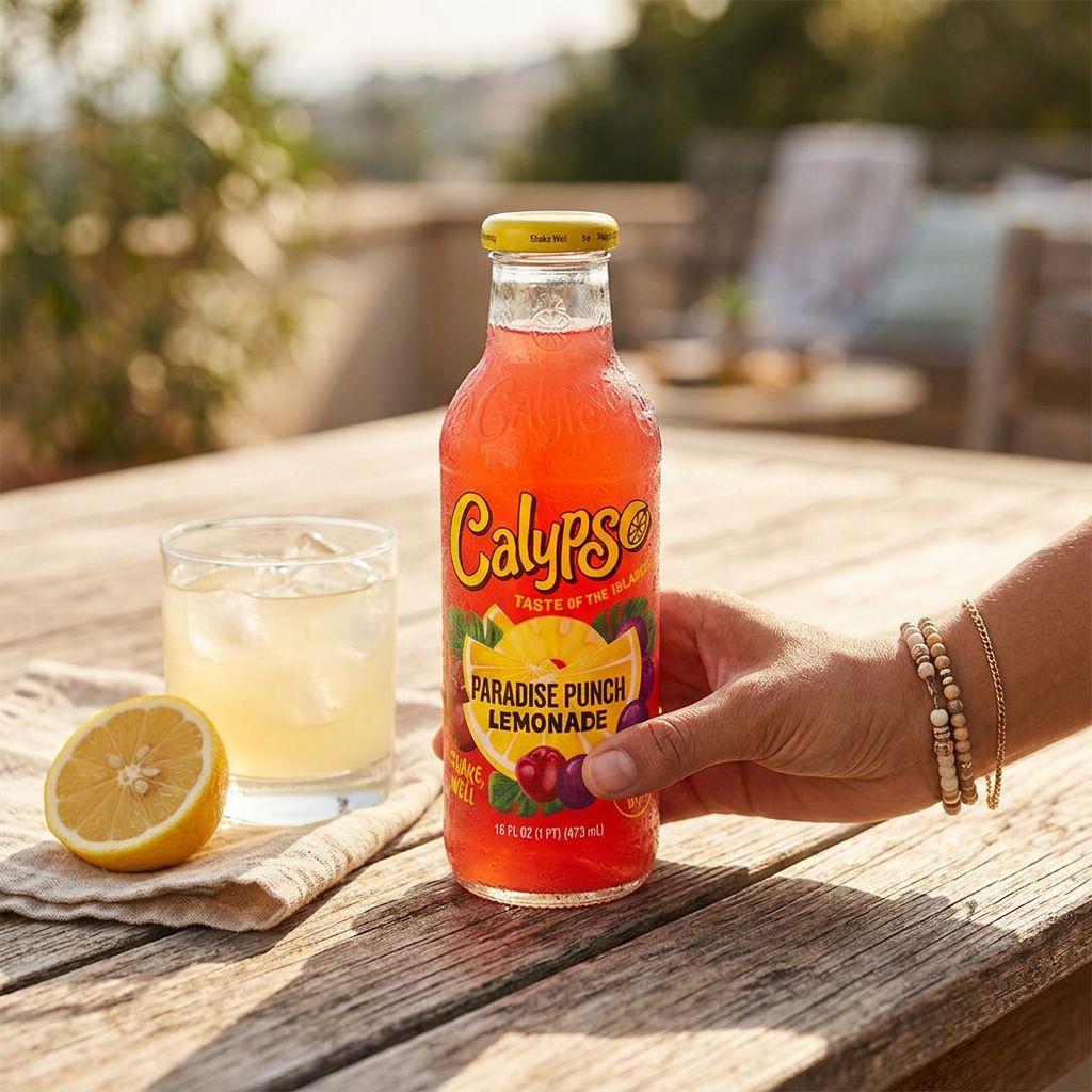 Calypso Lemonade Paradise Punch, limonade américaine tropicale avec pulpe de citron, disponible sur My American Shop