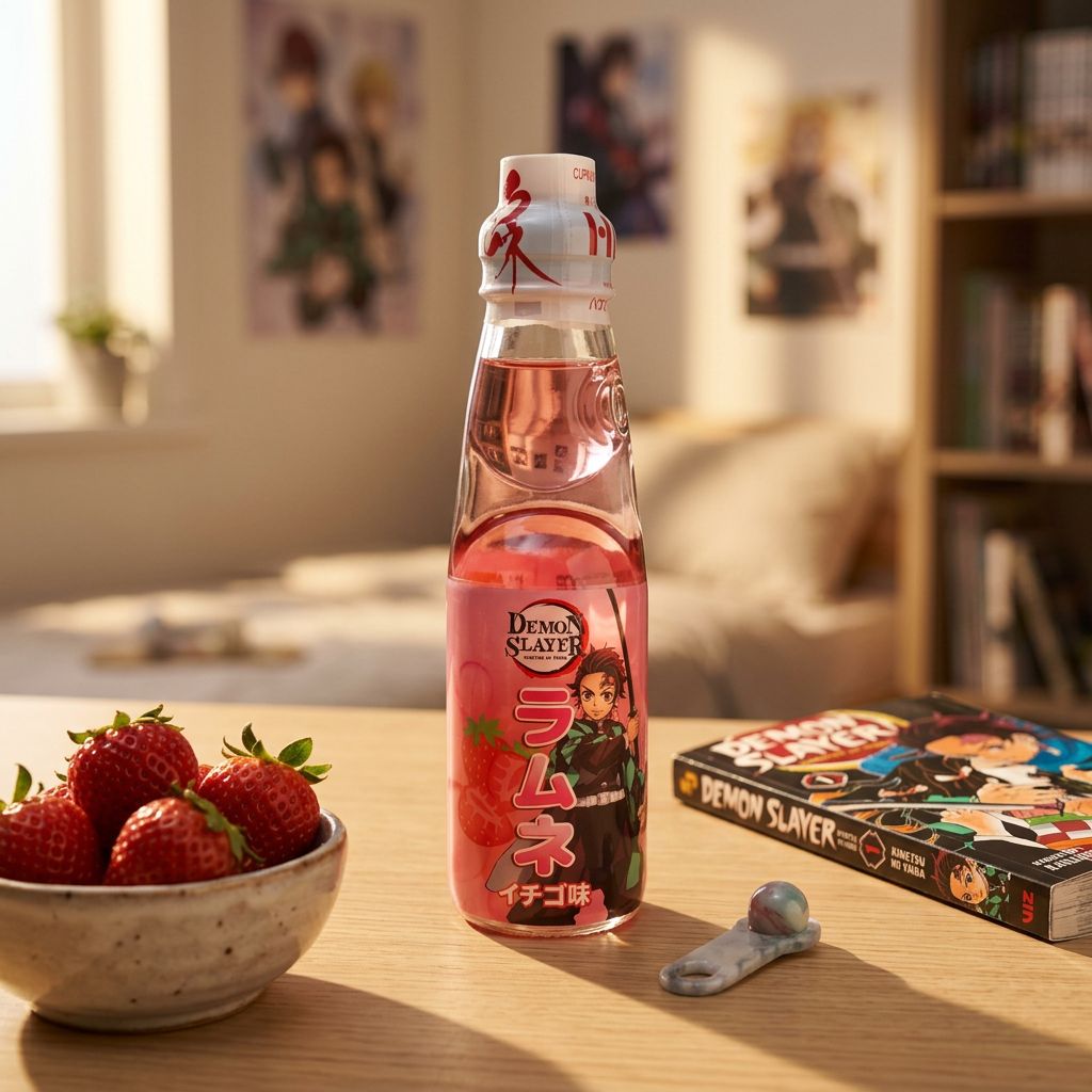 Ramune Hatakosen Fraise édition Demon Slayer, soda japonais en bouteille verre avec bille, disponible sur My American Shop