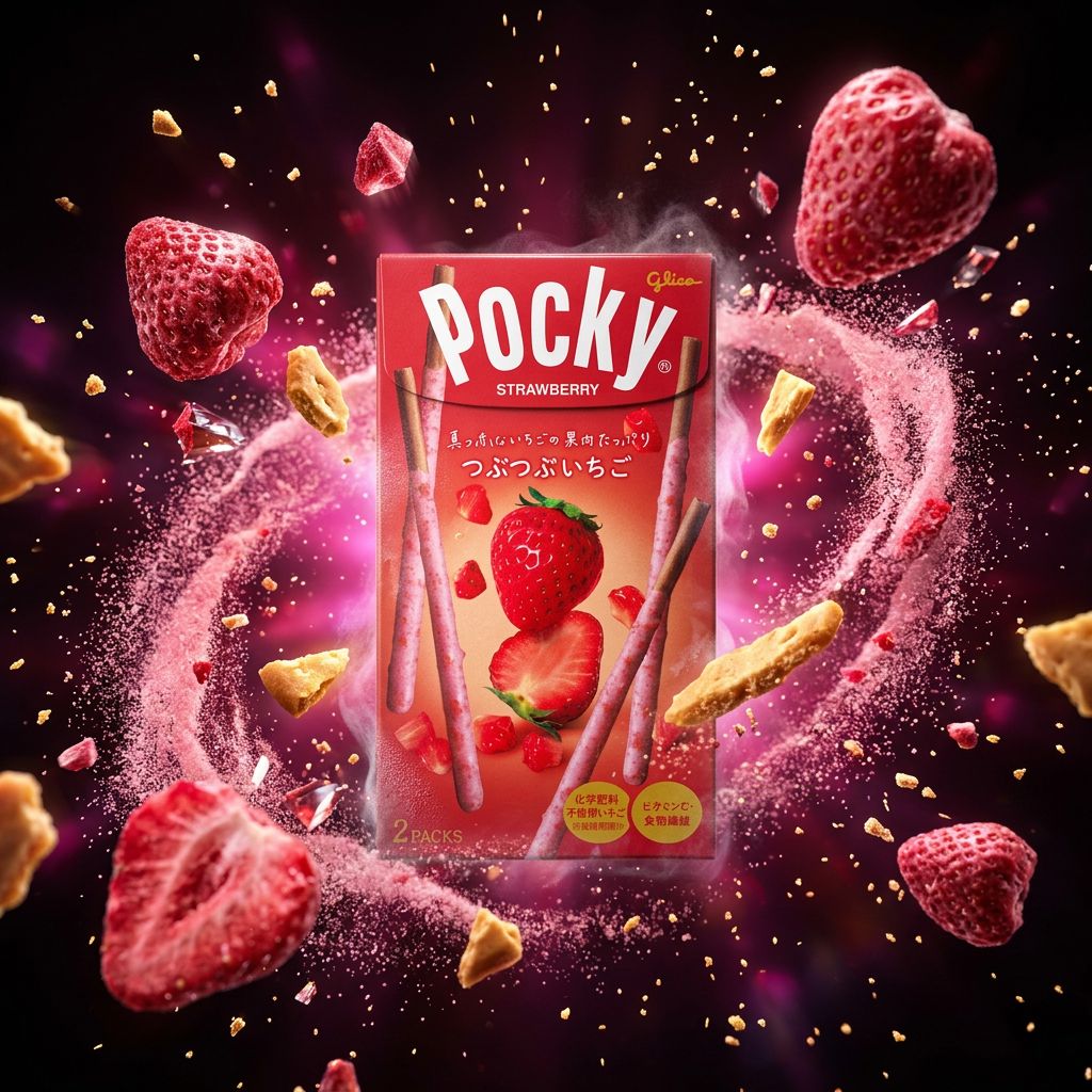 Glico Pocky Tsubu-Tsubu Strawberry, biscuits japonais enrobés fraise et pépites croquantes, importé du Japon, disponible sur My American Shop