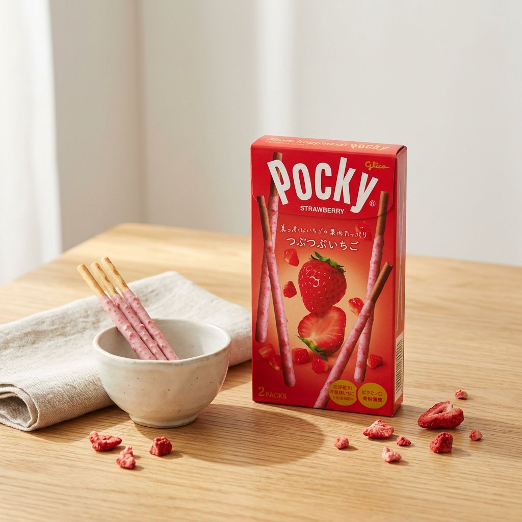 Glico Pocky Tsubu-Tsubu Strawberry, biscuits japonais enrobés fraise et pépites croquantes, importé du Japon, disponible sur My American Shop