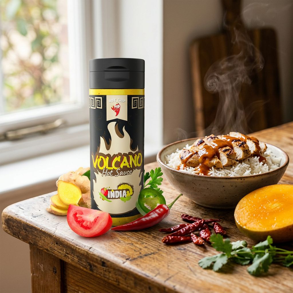 Hot Chip Volcano India Hot Sauce mangue curry Ghost Pepper, sauce pimentée allemande en bouteille, disponible sur My American Shop