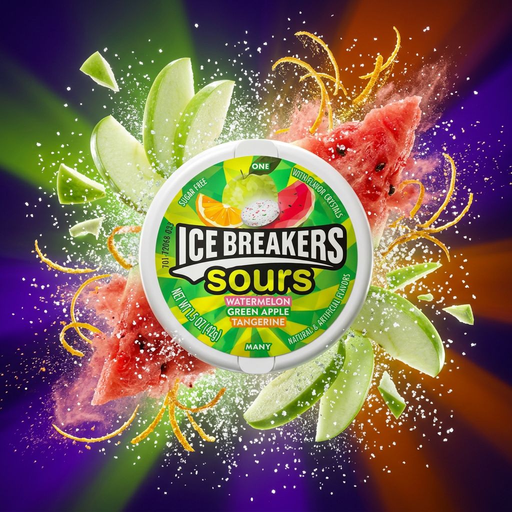 Ice Breakers Sours pastilles sans sucre pastèque pomme verte mandarine pot importé USA disponible sur My American Shop