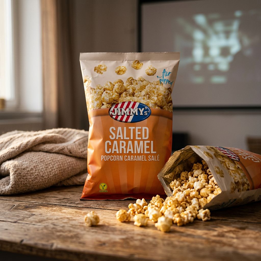 Le paquet de Jimmy's Pop Corn Salted Caramel est posé dans sur une table de salon pour une soirée cinéma ; à coté du paquet; un paquet de pop corn renversé et un plaid pour regarder un film – disponible sur My American Shop