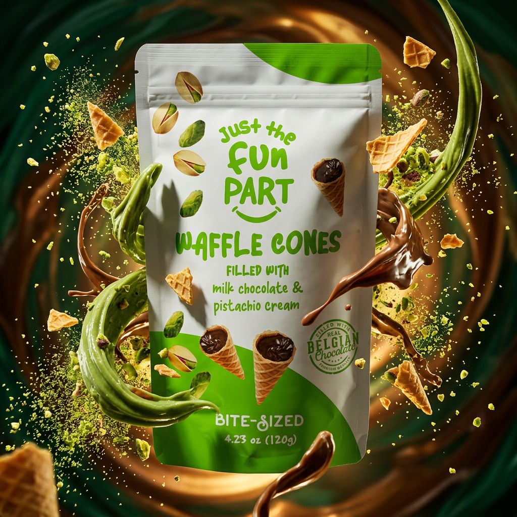 Just The Fun Part gaufrette chocolat au lait et crème pistache, snack américain croustillant, disponible sur My American Shop