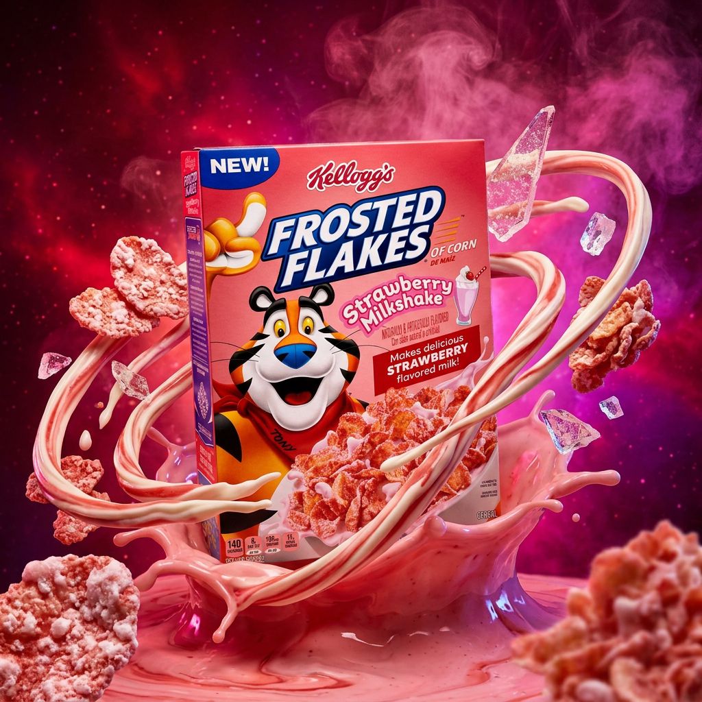 Kellogg's Frosted Flakes saveur milkshake fraise, céréales américaines croustillantes, disponible sur My American Shop