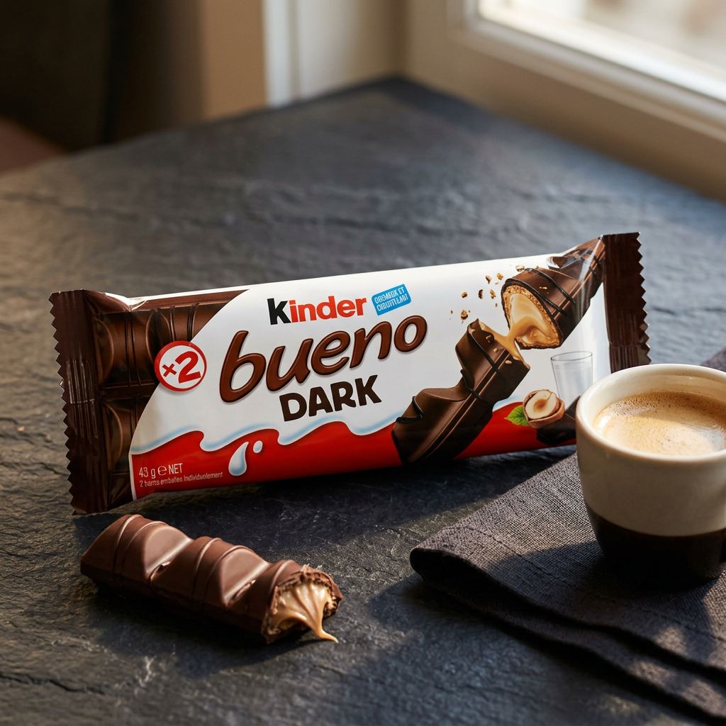 Kinder Bueno Dark, barre chocolat noir 30% et crème noisette en gaufrette croustillante, disponible sur My American Shop