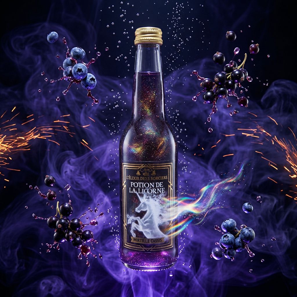 Potion de la Licorne L'Elixir des 3 Sorciers, limonade pétillante myrtille cassis violette, disponible sur My American Shop