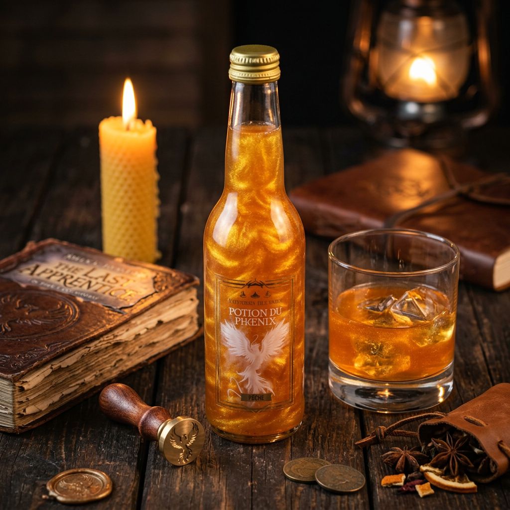 Potion du Phoenix L'Elixir des 3 Sorciers, boisson pêche collector fantasy, disponible sur My American Shop
