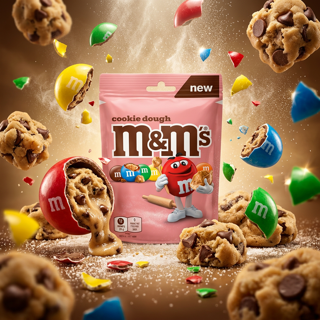 M&M's Cookie Dough Pouch 176g, dragées chocolat au lait fourrées coeur fondant saveur pâte à cookie, enrobage coque sucrée colorée, format pochette genereux disponible sur My American Shop.