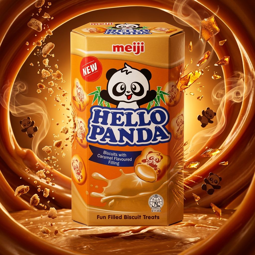 Meiji Hello Panda Caramel, biscuits fourrés crème caramel japonais, disponible sur My American Shop