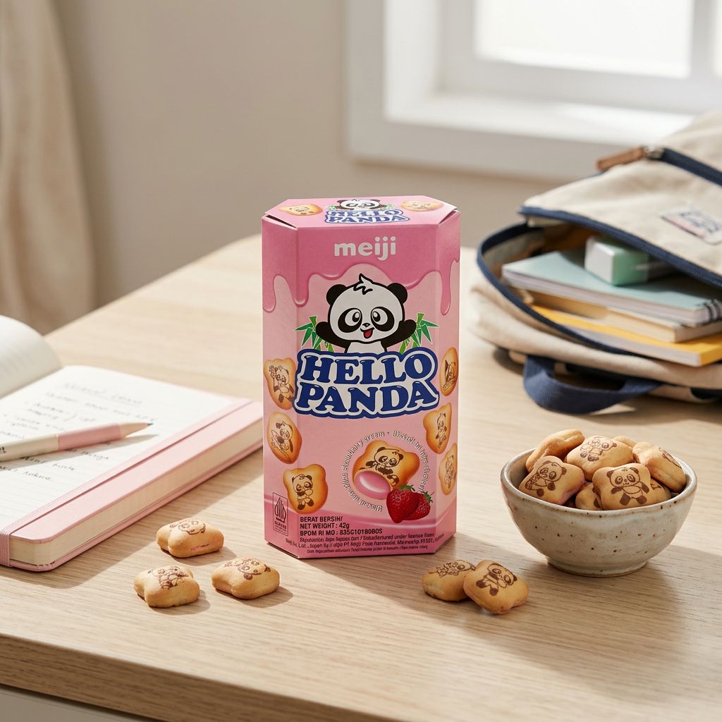 Meiji Hello Panda biscuits fourrés saveur fraise, snack japonais en forme de panda, disponible sur My American Shop