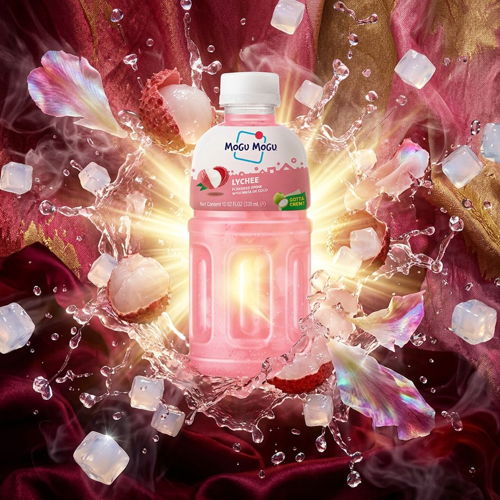Mogu Mogu Litchi, boisson thaïlandaise à mâcher avec perles de coco, 320ml, disponible sur My American Shop