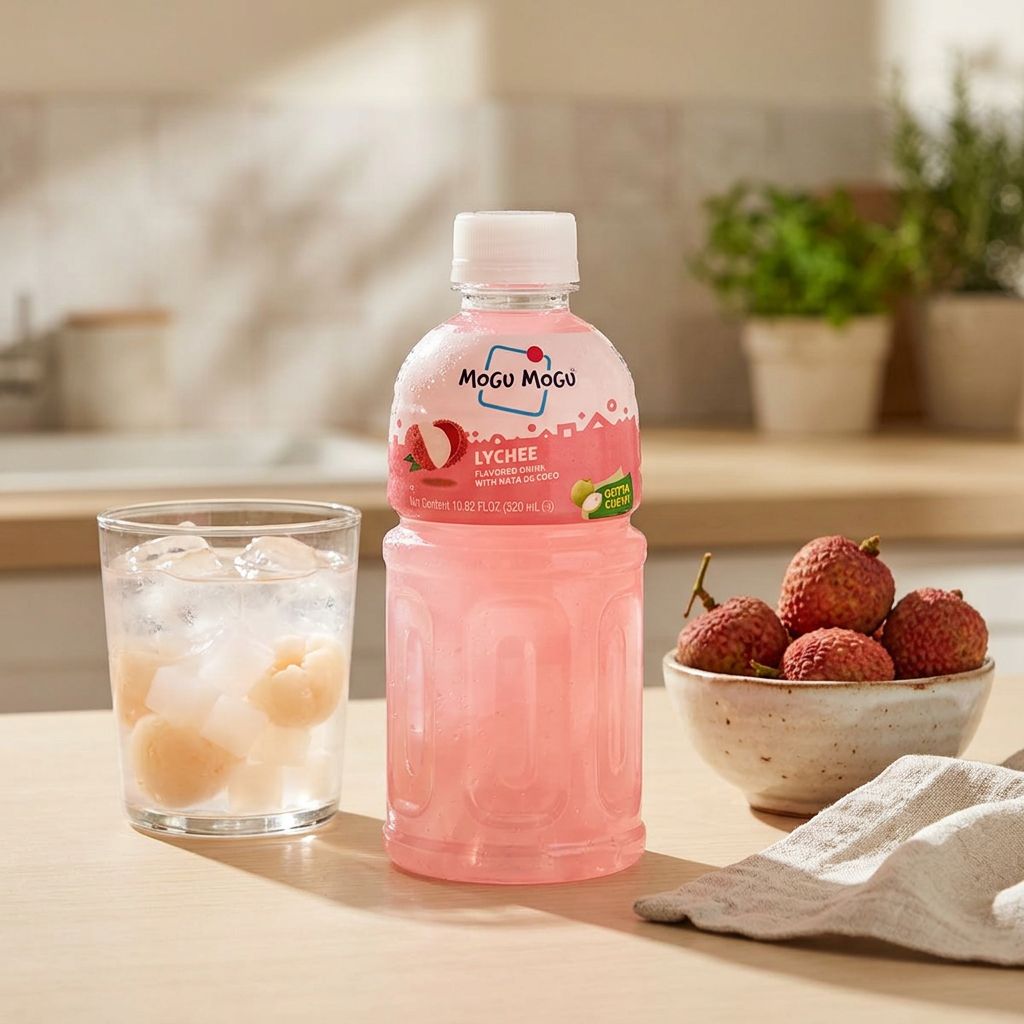Mogu Mogu Litchi, boisson thaïlandaise à mâcher avec perles de coco, 320ml, disponible sur My American Shop