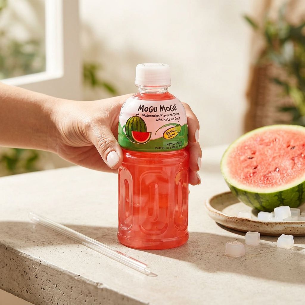 Mogu Mogu Watermelon, boisson thaïlandaise pastèque avec nata de coco, 320ml, disponible sur My American Shop