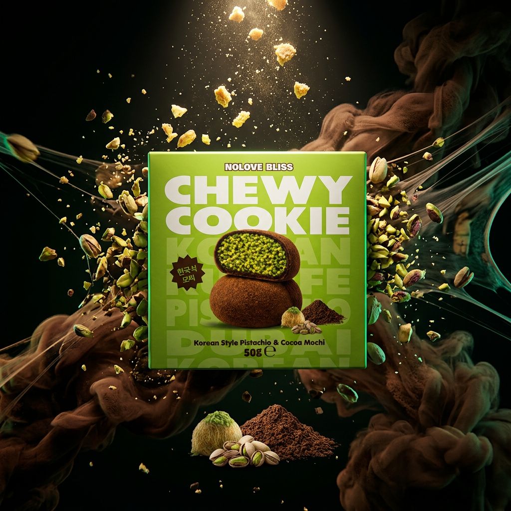NoLove Bliss Chewy Cookie Mochi Pistache Cacao, snack mochi fourré 45% crème pistache, disponible sur My American Shop