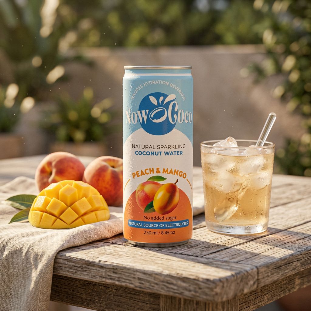 Now Coco Sparkling Coconut Water Pêche Mangue, eau de coco gazeuse tropicale importée, disponible sur My American Shop