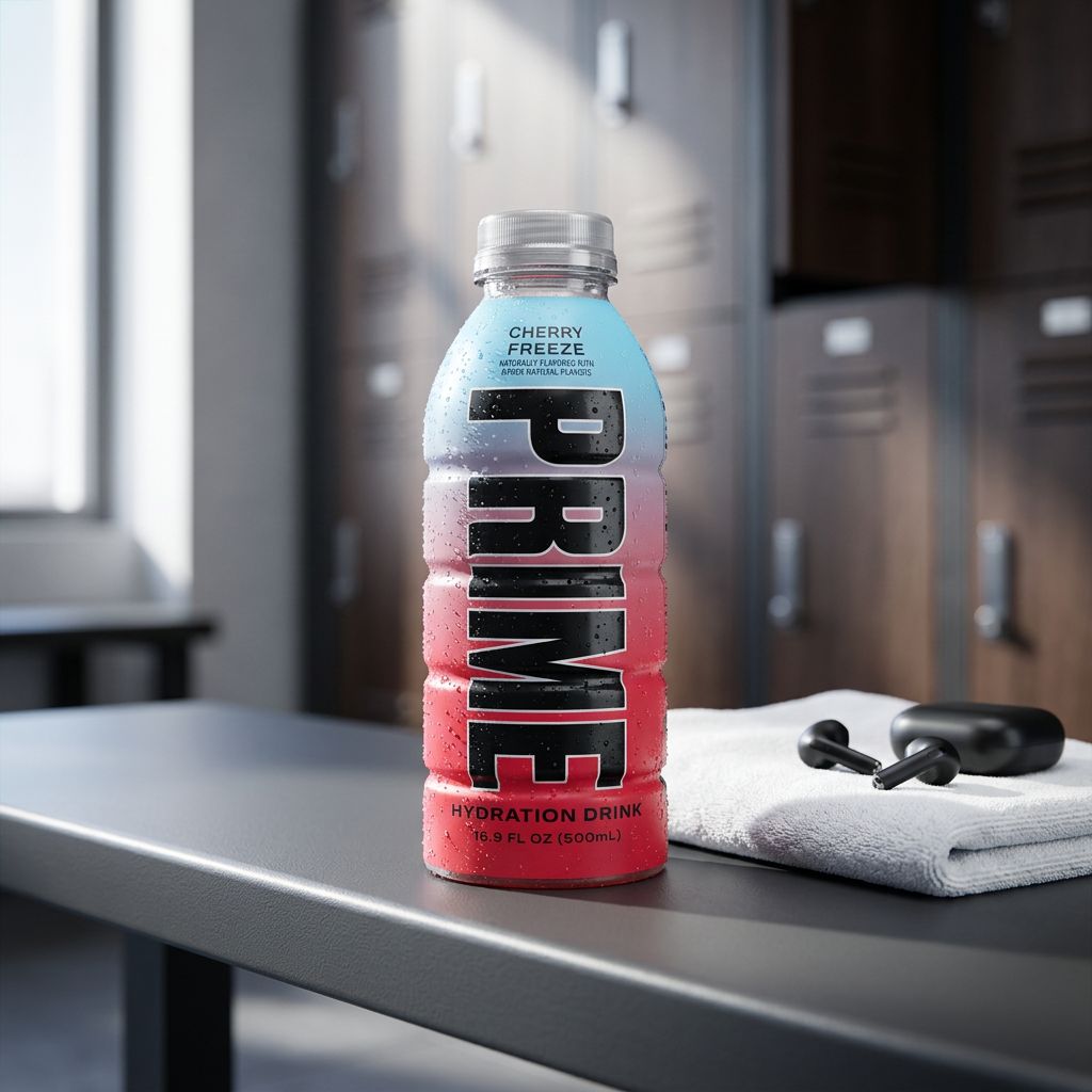 Prime Hydration Cherry Freeze 500ml, boisson d'hydratation BCAAs saveur cerise glacée, disponible sur My American Shop