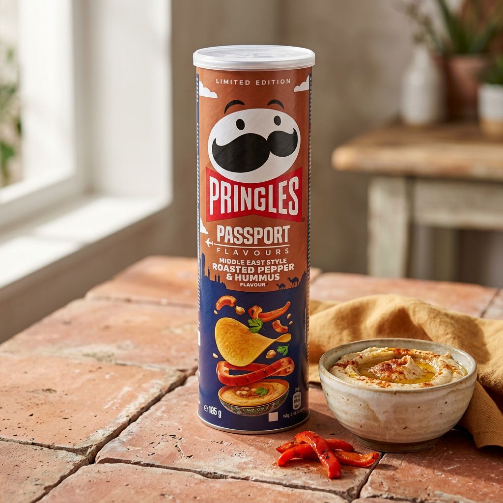 Pringles Middle East Style Roasted Pepper Hummus, chips saveur poivron grillé et houmous, boîte cylindrique, disponible sur My American Shop