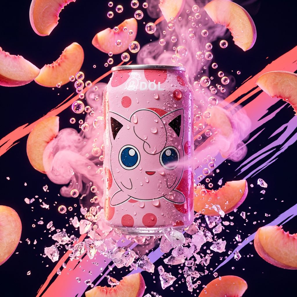 Canette QDOL Pokemon Jigglypuff eau pétillante saveur pêche venue d'Asie, disponible sur My American Shop