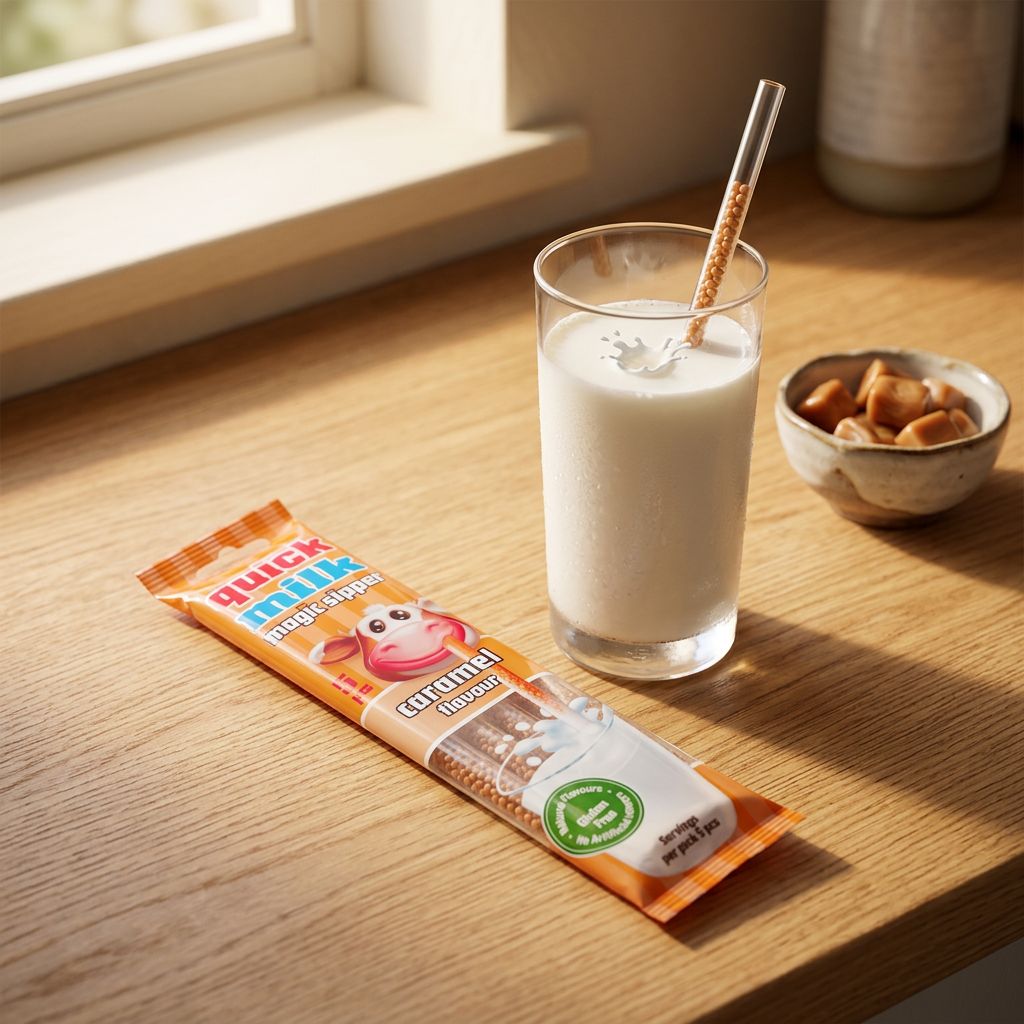 Quick Milk Magic Sipper Caramel, paille aromatisée américaine infusant le lait, disponible sur My American Shop