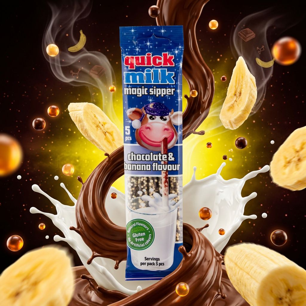 Quick Milk Magic Sipper saveur Chocolat Banane, paille aromatisée américaine virale TikTok, disponible sur My American Shop