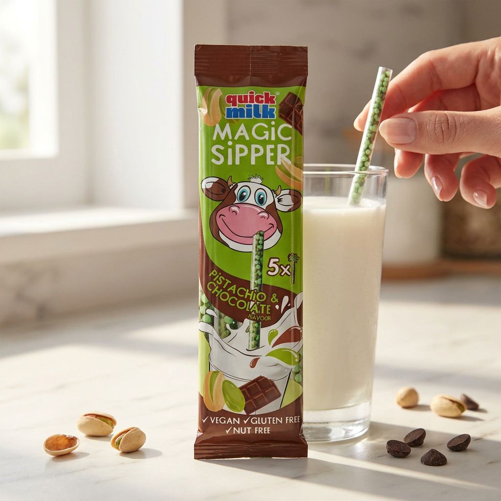 Quick Milk Magic Sipper paille aromatisée pistache et chocolat, disponible sur My American Shop
